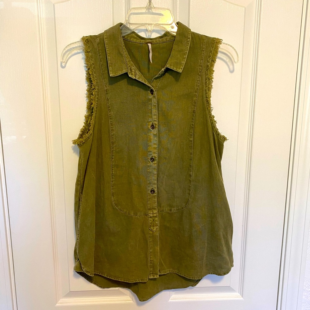 Free People Military or Army Green Denim Button Down Shirt